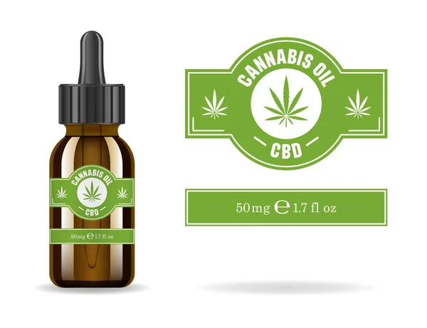 Esrar, kenevir, kenevir yağı. Esrar ayıklamak ile gerçekçi kahverengi cam şişe. Simge ürün etiket ve logo grafik şablonu. İzole vektör çizim.