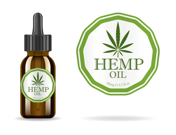 Marijuana, cannabis, hemp oil. Realistic brown glass bottle with cannabis extract. Icon product label and logo graphic template. Isolated vector illustration. — Stock Vector