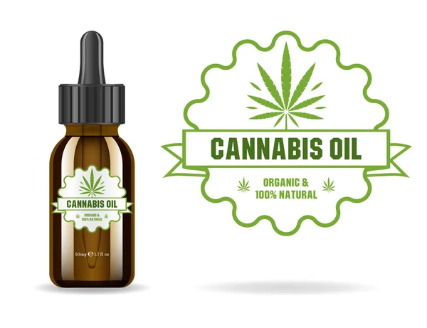 Esrar, kenevir, kenevir yağı. Esrar ayıklamak ile gerçekçi kahverengi cam şişe. Simge ürün etiket ve logo grafik şablonu. İzole vektör çizim.