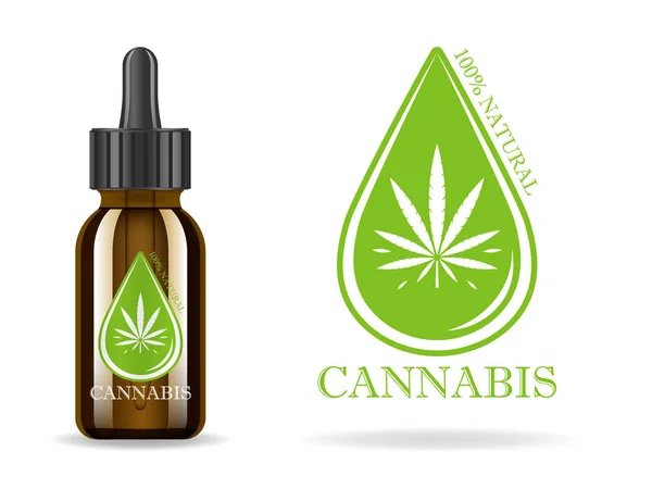 Marijuana, cannabis, hemp oil. Realistic brown glass bottle with cannabis extract. Icon product label and logo graphic template. Isolated vector illustration. — Stock Vector