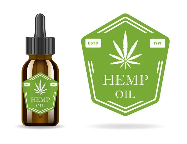 Marijuana, cannabis, hemp oil. Realistic brown glass bottle with cannabis extract. Icon product label and logo graphic template. Isolated vector illustration. — Stock Vector