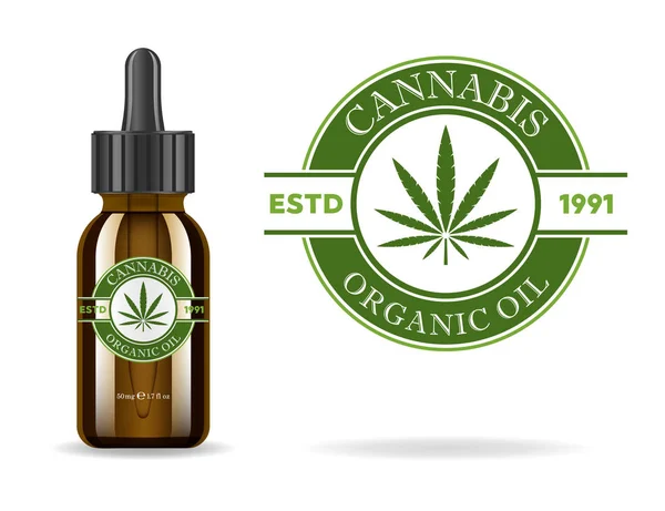 Marijuana, cannabis, olio di canapa. Flacone di vetro marrone realistico con estratto di cannabis. Icona etichetta prodotto e logo modello grafico. Illustrazione del vettore isolato . — Vettoriale Stock