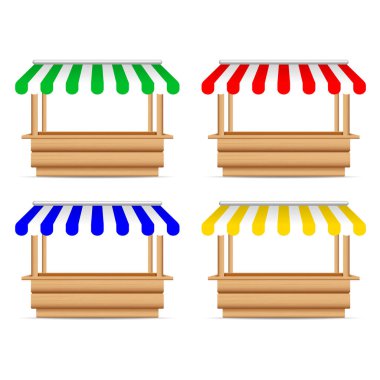 Ahşap Pazar dur durak farklı tente ile. Ahşap sayacın sokak ticaret, ahşap sayaç, bilgi noktası için gölgelik ile alay et, hazır. Vektör çizim. Ayarla.