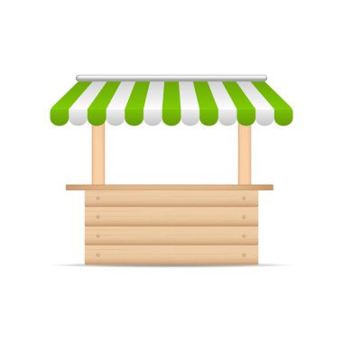 Ahşap Pazar dur durak yeşil ve beyaz tente ile. Ahşap sayacın sokak ticaret, ahşap sayaç, bilgi noktası için gölgelik ile alay et, hazır. Vektör çizim.