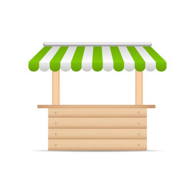 Wooden market stand stall with green and white sunshade. Mock up of wooden counter with canopy for street trading, wooden counter, kiosk, stand. Vector illustration. clipart