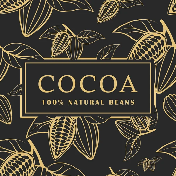 Kakao çekirdekleri ile yaprakları koyu arka plan üzerinde. Seamless modeli. Vektör çizim.