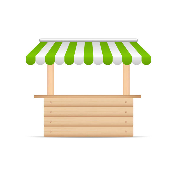 Деревянный рынок киоск с зеленым и белым зонтиком. Макет деревянного прилавка с навесом для уличной торговли, деревянный прилавок, киоск, стенд. Векторная иллюстрация
.