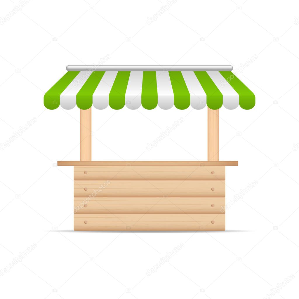 Wooden market stand stall with green and white sunshade. Mock up of wooden counter with canopy for street trading, wooden counter, kiosk, stand. Vector illustration.