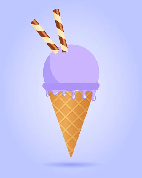 Sorvete de amora preta com rolos de wafer em cone de waffle, produto lácteos. Imagem de colher de sorvete em estilo plano. Ilustração vetorial . — Vetor de Stock