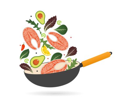 Somon steak, avokado, domates ve marul pan. Üstten Görünüm. Kahvaltı menüsü, kafe, restoran yaratıcı tasarım. Vektör çizim.