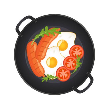 Sahanda yumurta, sosis, mantar, domates ve marul, üstten görünüm ile sıcak tava. Beyaz arka plan üzerinde izole. Vektör çizim.