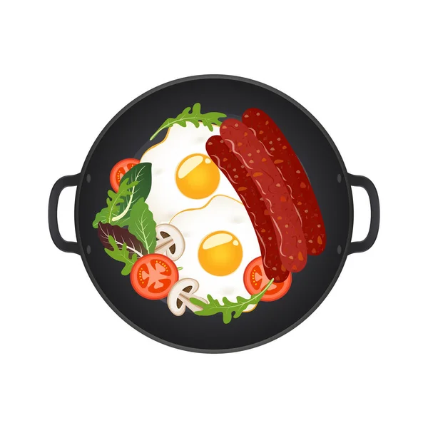 Hot frying pan with fried eggs, sausages, mushrooms, tomatoes and lettuce, top view. Isolated on white background. Vector illustration. — Stock Vector