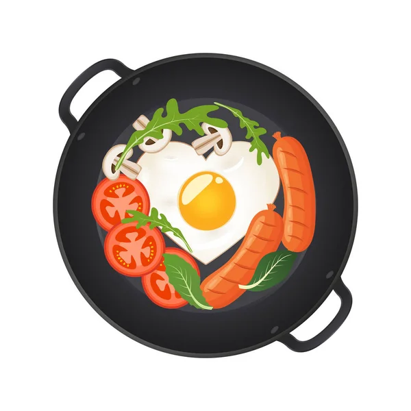 Wajan panas dengan telur goreng, sosis, jamur, tomat dan selada, pemandangan atas. Terisolasi di latar belakang putih. Ilustrasi vektor . - Stok Vektor