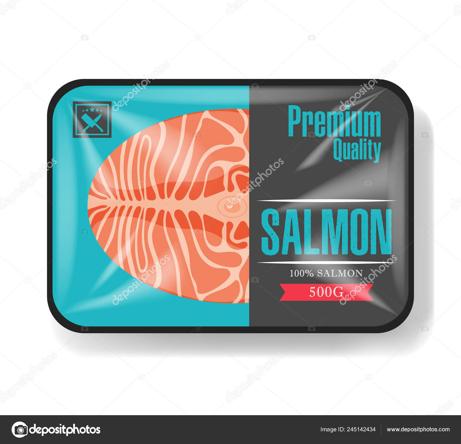 Download Salmon Fillet Packaging Plastic Tray Container With Cellophane Cover Mockup Template For Your Design Plastic Food Container Vector Illustration Vector Image By C Vandycandy Vector Stock 245142434