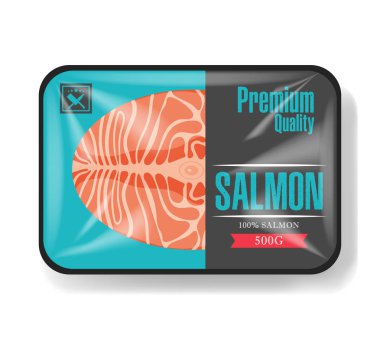 Somon fileto ambalaj. Selofan kapaklı plastik tepsi kapsayıcı. Mockup tasarım şablonu. Plastik gıda konteyner. Vektör çizim.