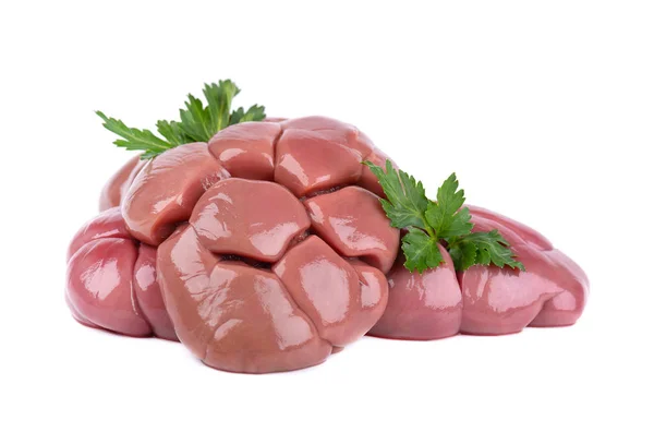Nötkött njure rå isolerad på vit bakgrund. Närbild. Ko njure isolerad med persilja blad. — Stockfoto
