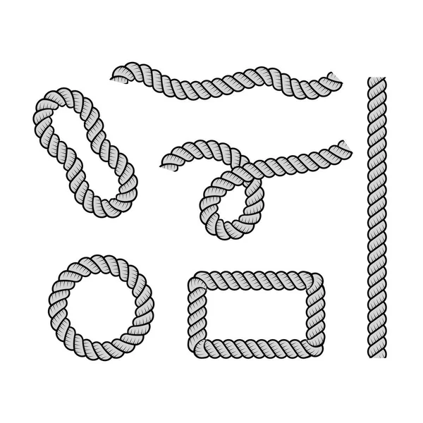 Dekorasyon ve kaplama için halat, deniz bükülmüş halat knot. Yuvarlak ve kare halat çerçeveleri, kordon sınırları. Dekorasyon elemanları. Vektör Illustration.