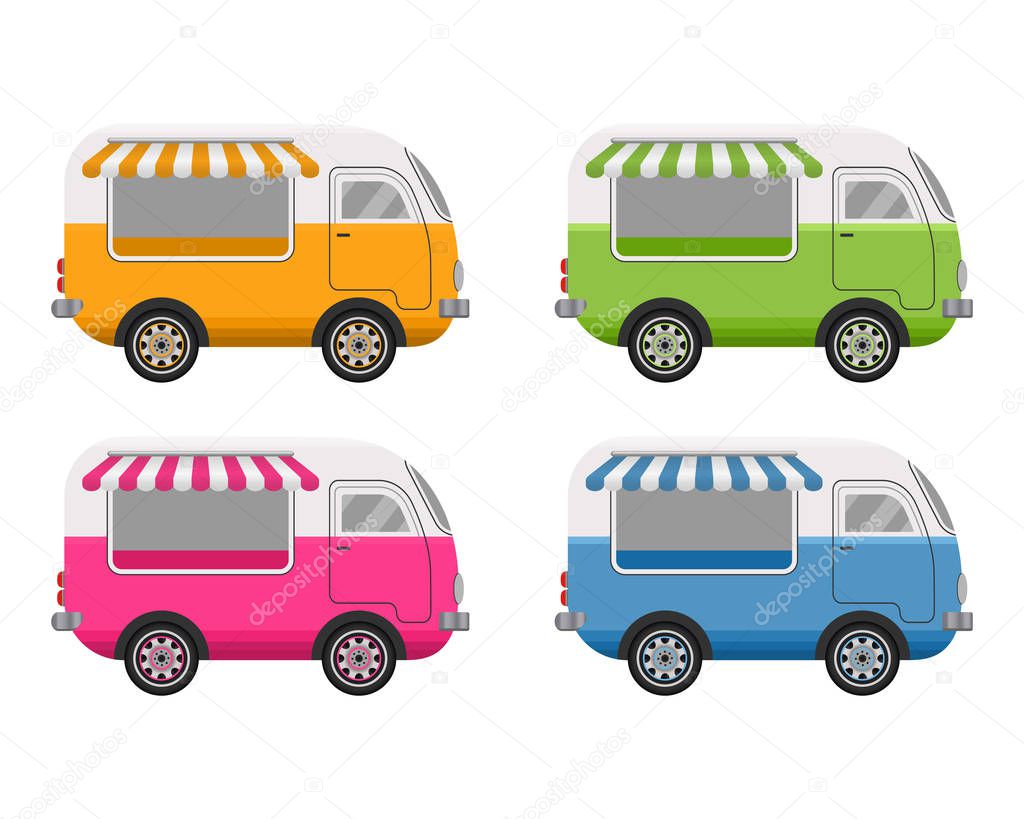 Street food truck concept. Street food vehicles, truck, van. Fast food delivery. Flat design style. Vector illustration