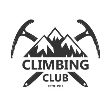 Tırmanma ve Alpin Kulüp rozeti. Logo, baskı veya damga kavramı. Tırmanma ve dağcılık için çapraz buz eksenleri. Dağ ekipmanları. Açık havada macera amblemi. Vektör Illustration.
