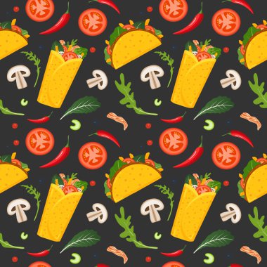 Meksika yemekleri Dikişsiz desen. Burrito, Taco, sıcak biber ve yeşil marul. Renkli arka plan, sevimli tarzı. Vektör Illustration.