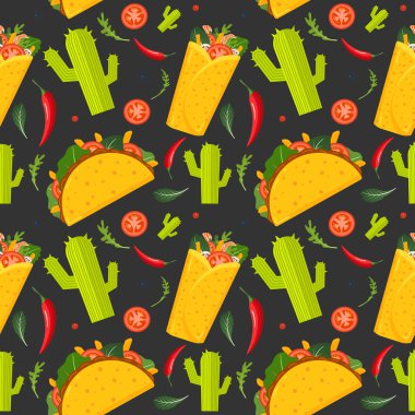Meksika yemekleri Dikişsiz desen. Burrito, Taco, sıcak biber ve yeşil marul. Renkli arka plan, sevimli tarzı. Vektör Illustration.