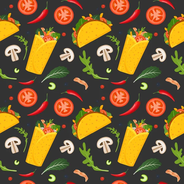 Meksika yemekleri Dikişsiz desen. Burrito, Taco, sıcak biber ve yeşil marul. Renkli arka plan, sevimli tarzı. Vektör Illustration.