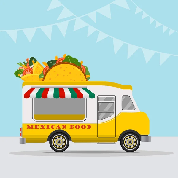 Food truck logotype for Mexican food meal fast delivery service or summer food festival. Truck van with Mexican food, taco and burrito. Vector illustration. — Stock Vector