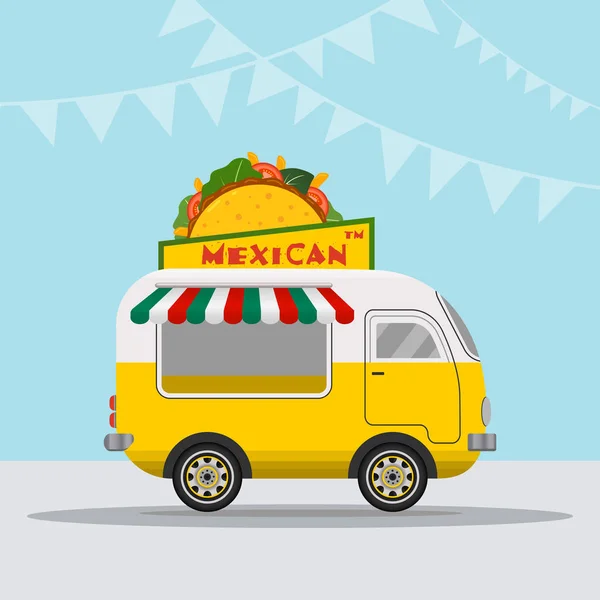 Foodtruck-Logo für mexikanischen Imbiss-Lieferservice oder Sommer-Food-Festival. LKW-Van mit mexikanischem Essen, Taco und Burrito. Vektorillustration. — Stockvektor