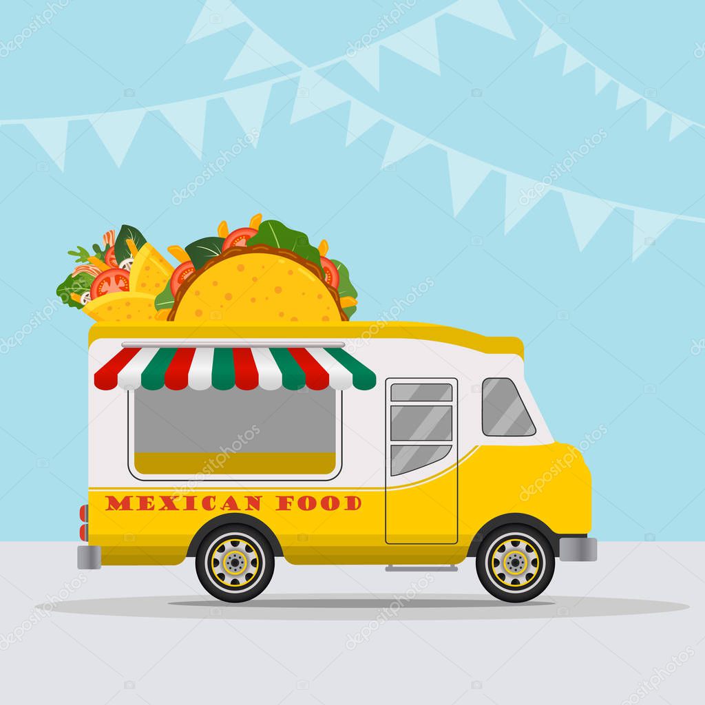 Food truck logotype for Mexican food meal fast delivery service or summer food festival. Truck van with Mexican food, taco and burrito. Vector illustration