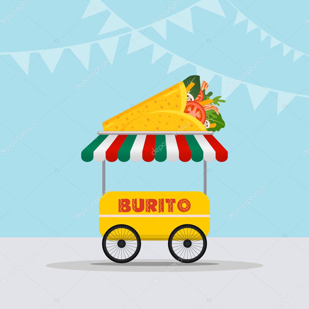 Food truck logotype for Mexican food meal fast delivery service or summer food festival. Truck van with Mexican food, taco and burrito. Vector illustration