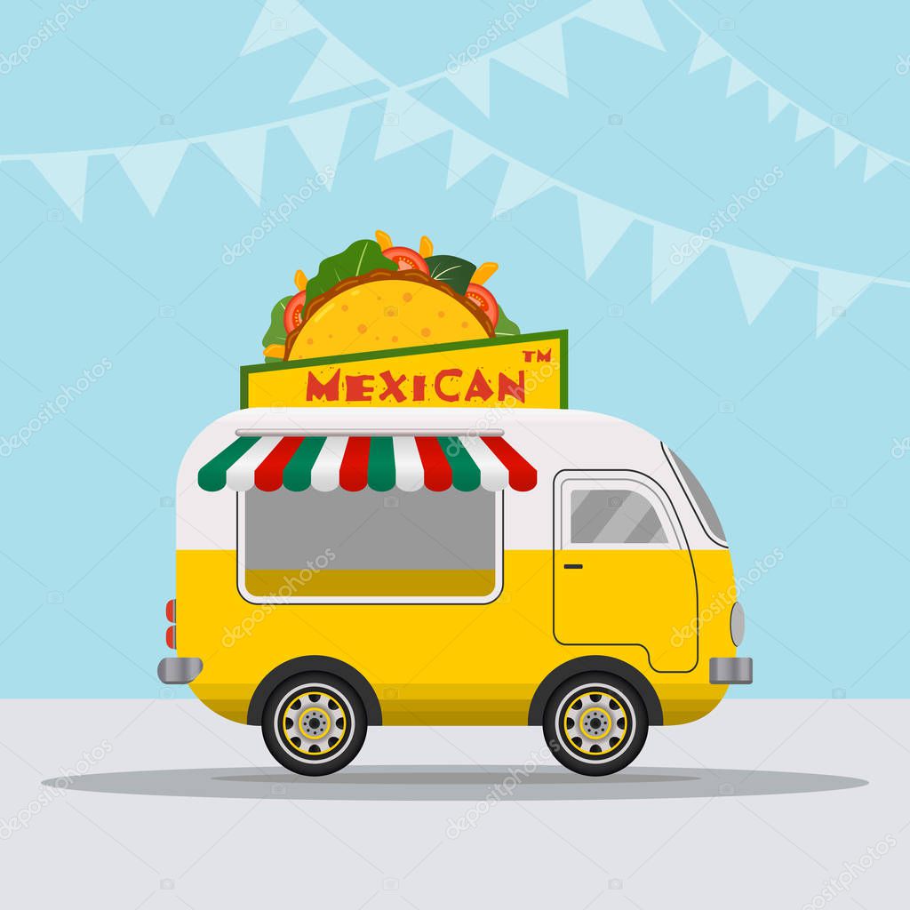Food truck logotype for Mexican food meal fast delivery service or summer food festival. Truck van with Mexican food, taco and burrito. Vector illustration