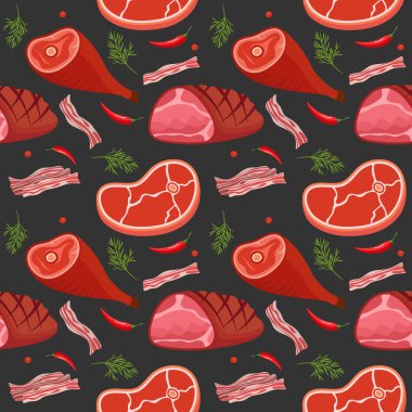 Gammon, jambon, pastırma, kemik, acı biber ve dereotu biftek ile koyu arka plan üzerinde Dikişsiz desen. Et ürünleri arka plan. Vektör çizimi.