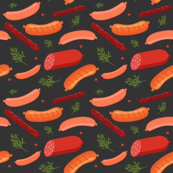 Modèle sans couture sur fond sombre avec des saucisses et du salami. Saucisses, salami et aliments à base d'aneth et de poivre. Illustration vectorielle . — Image vectorielle