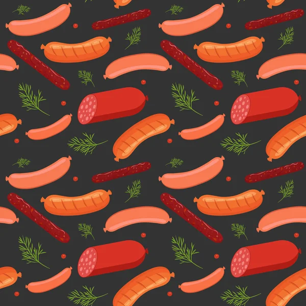 Bezszwowy wzór na ciemnym tle z kiełbasą i salami. Kiełbasa, salami i mięsa żywności z koperkiem i peppercorns. Ilustracja wektorowa. — Wektor stockowy