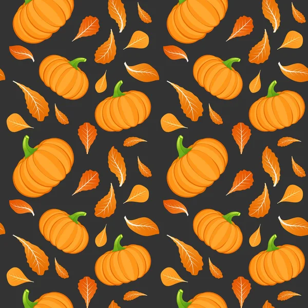 Бесшовный рисунок на темном фоне с оранжевой тыквой. Тыквенный овощ. Осенний фон. Векторная иллюстрация . — стоковый вектор