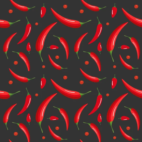 Zökkenőmentes mintázat a sötét háttér chili paprika. Jamaicai, thai, cayenne bors. Forró fűszer. Vektoros illusztráció. — Stock Vector