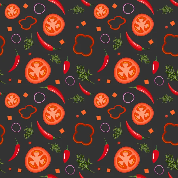 Ομαλή μοτίβο σε σκούρο φόντο με κόκκινα λαχανικά. Ντομάτες, πάπρικα, καυτές πιπεριές, κρεμμύδια και άνηθο. Απεικόνιση διανυσματικών φορέων. — Διανυσματικό Αρχείο