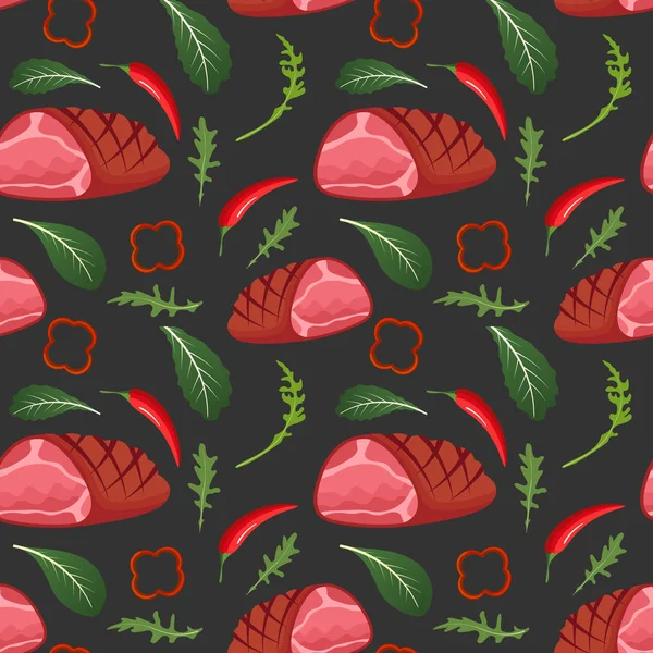 Motif sans couture sur fond sombre avec jambon glacé cuit au four, paprika, piment, oignon et roquette. Produits de viande fond. Illustration vectorielle . — Image vectorielle