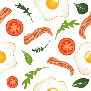 Kızarmış yumurta, pastırma, domates ve marul ile beyaz arka plan üzerinde Dikişsiz desen. Omlet, çırpılmış yumurta. Kahvaltı yemeği. Vektör çizimi.