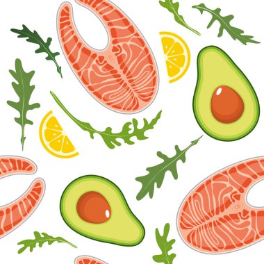 Somon, avokado, arugula ve limon dilimi ile beyaz arka plan üzerinde Dikişsiz desen. Kırmızı balık ve avokado arka plan. Vektör çizimi.