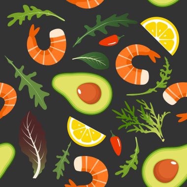Karides, avokado, arugula, biber ve limon dilimi ile koyu arka plan üzerinde Dikişsiz desen. Avokado arka planlı karides salatası. Vektör çizimi.