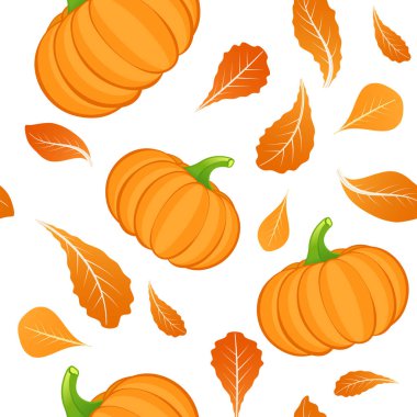 Turuncu kabak ile beyaz arka plan üzerinde Dikişsiz desen. Balkabağı sebzesi. Sonbahar arka planı. Vektör çizimi.