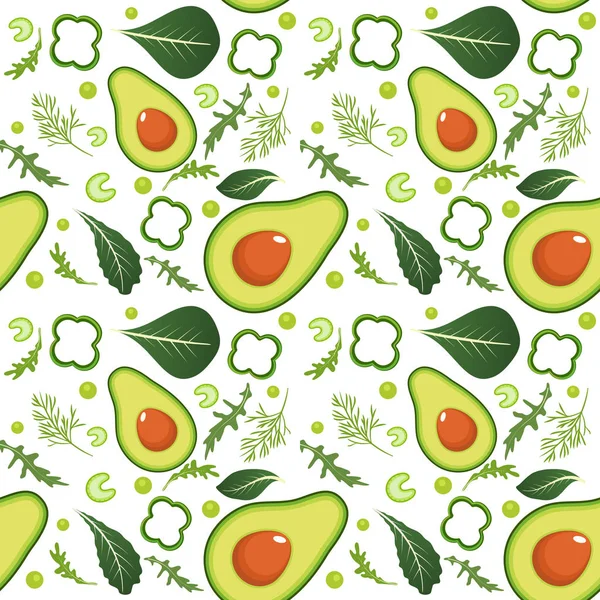 Naadloos patroon op witte achtergrond met groene groenten. Avocado, paprika, groene erwten, selderij, spinazie, rucola en dille. Vector illustratie. — Stockvector