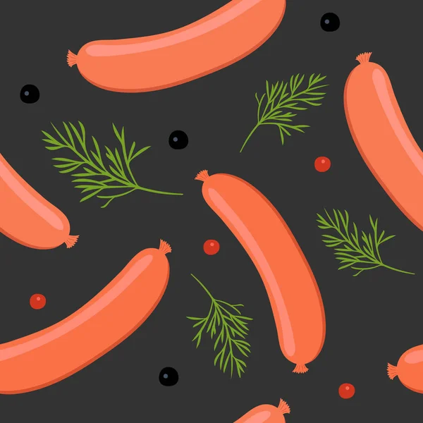 Seamless pattern on dark background with sausages. Sausages with dill and peppercorns. Vector illustration. — Stock Vector