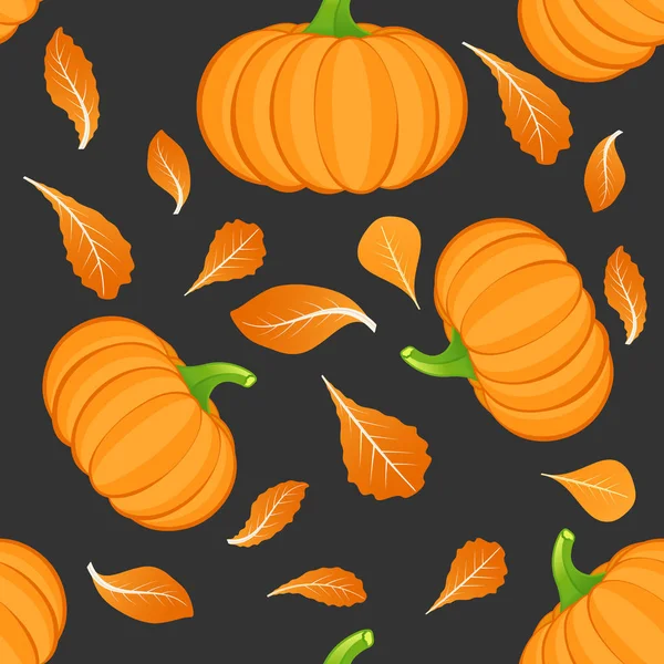 Nahtloses Muster auf dunklem Hintergrund mit orangefarbenem Kürbis. Kürbisgemüse. Herbsthintergrund. Vektorillustration. — Stockvektor