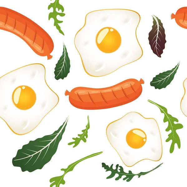 Seamless pattern on white background with fried eggs, sausages, and lettuce. Omelet, scrambled eggs. Breakfast food. Vector illustration. — Stock Vector