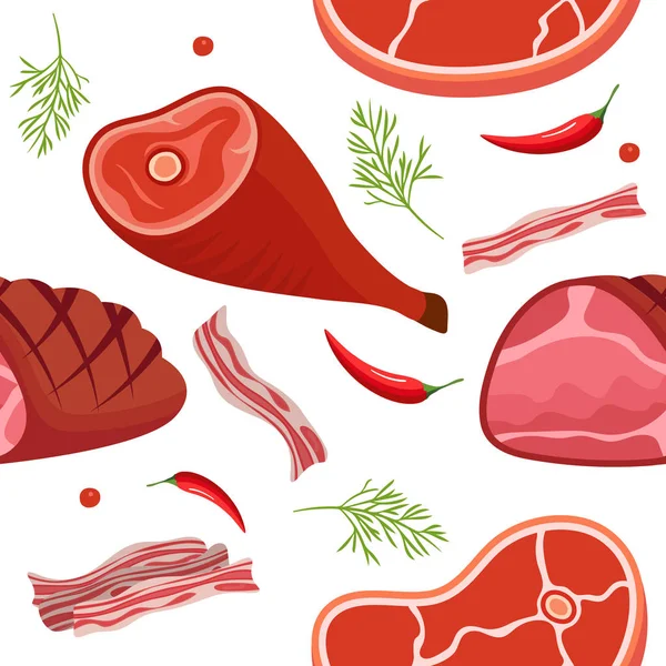 Patrón sin costuras sobre fondo blanco con gammon, jamón, tocino, filete en el hueso, pimiento picante y eneldo. Fondo de productos cárnicos. Ilustración vectorial . — Archivo Imágenes Vectoriales