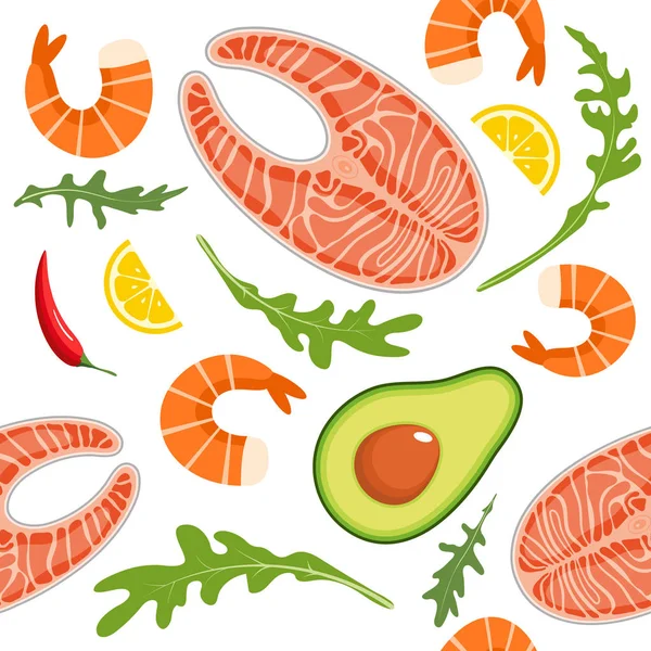 Seamless pattern on white background with shrimp, salmon, avocado, arugula and lemon slice. Seafood and avocado background. Vector illustration. — Stock Vector