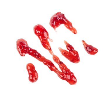 Çilek kalın reçel drizzle, beyaz arka plan üzerinde izole. Çilekli marmelat, sos, tepesi damlaları. Üstte görüntü.