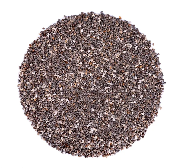 Circle of chia seeds, isolated on white background. Healthy superfood. Closeup macro of small organic chia seeds. Top view. — Stock Photo, Image